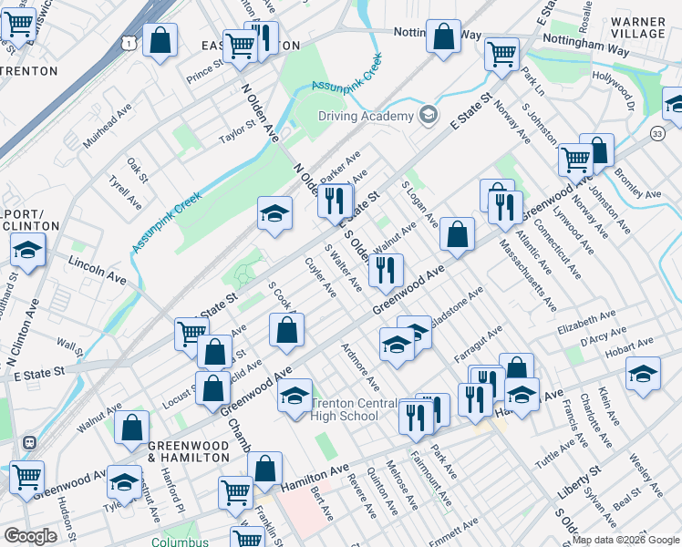 map of restaurants, bars, coffee shops, grocery stores, and more near 49 South Olden Avenue in Trenton