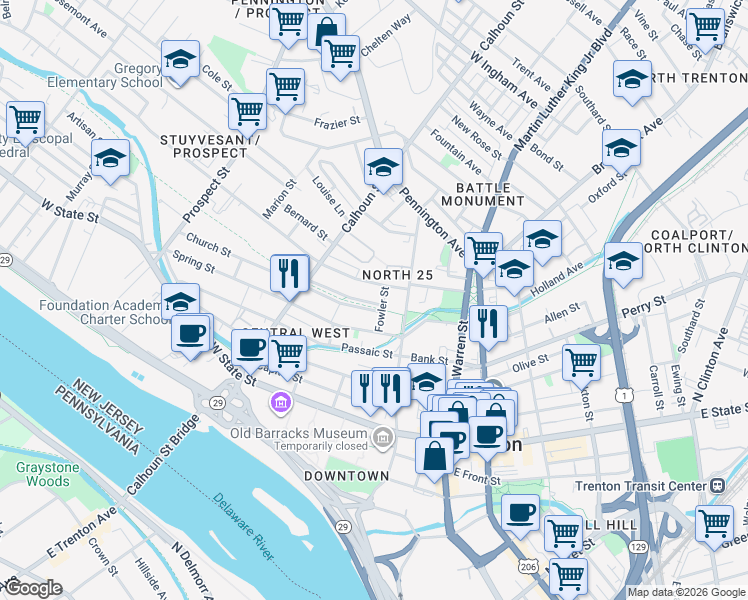 map of restaurants, bars, coffee shops, grocery stores, and more near 32 Bellevue Avenue in Trenton