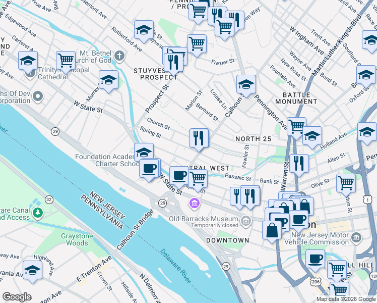 map of restaurants, bars, coffee shops, grocery stores, and more near 239 Church Street in Trenton