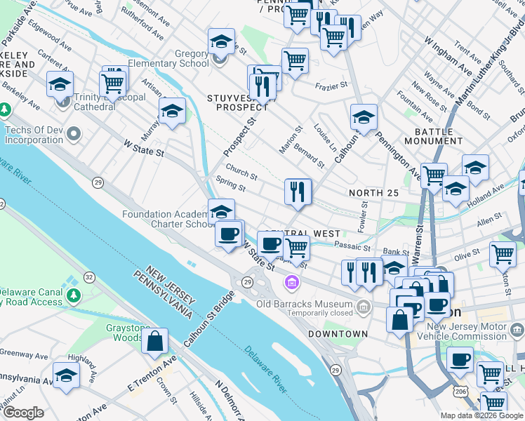 map of restaurants, bars, coffee shops, grocery stores, and more near 269 Spring Street in Trenton
