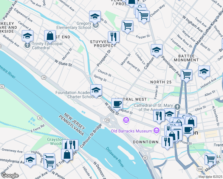map of restaurants, bars, coffee shops, grocery stores, and more near 269 Spring Street in Trenton