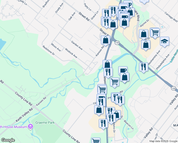 map of restaurants, bars, coffee shops, grocery stores, and more near 5001 Brookwood Court in Warrington