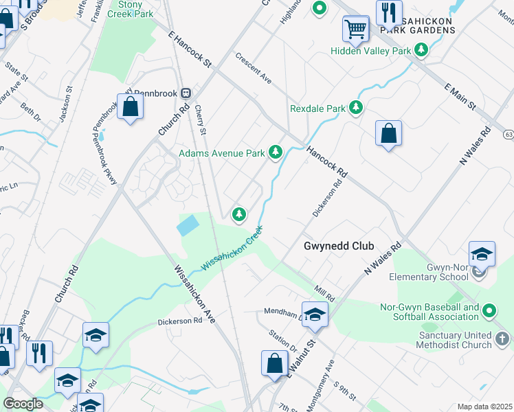 map of restaurants, bars, coffee shops, grocery stores, and more near 714 Willow Street in Lansdale
