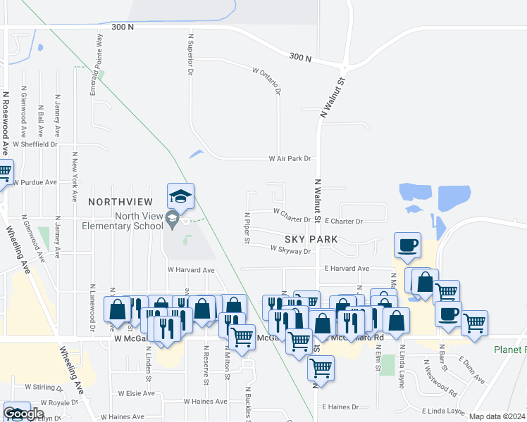 map of restaurants, bars, coffee shops, grocery stores, and more near 405 West Piper Court in Muncie