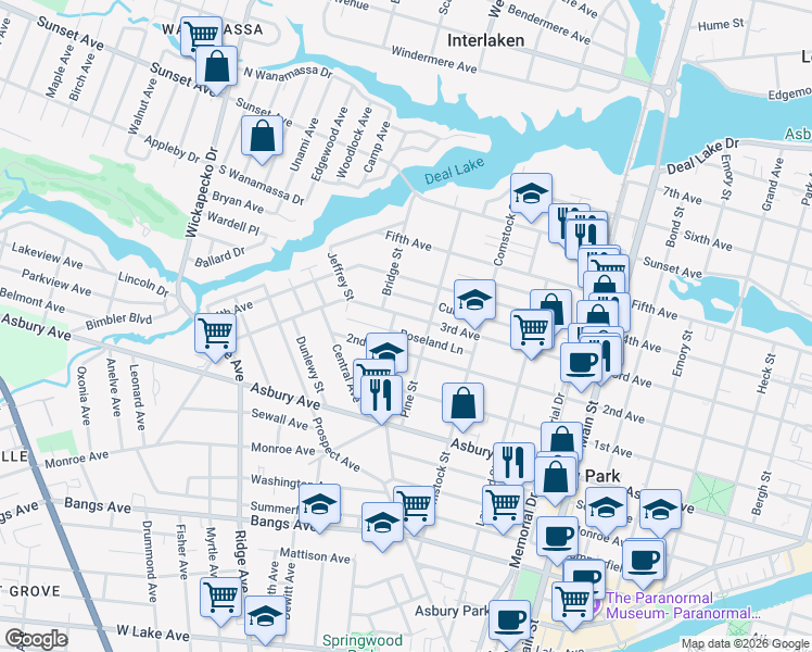 map of restaurants, bars, coffee shops, grocery stores, and more near 1221 3rd Avenue in Asbury Park