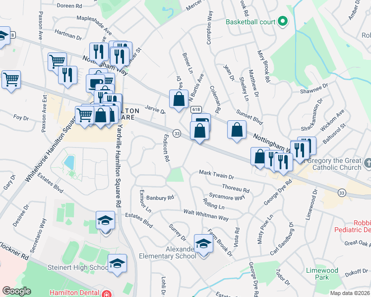 map of restaurants, bars, coffee shops, grocery stores, and more near 1501 New Jersey 33 in Trenton