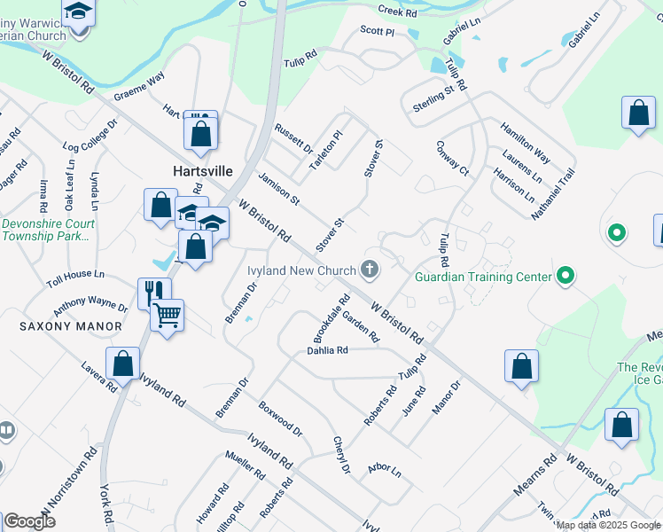 map of restaurants, bars, coffee shops, grocery stores, and more near 875 West Bristol Road in Warminster