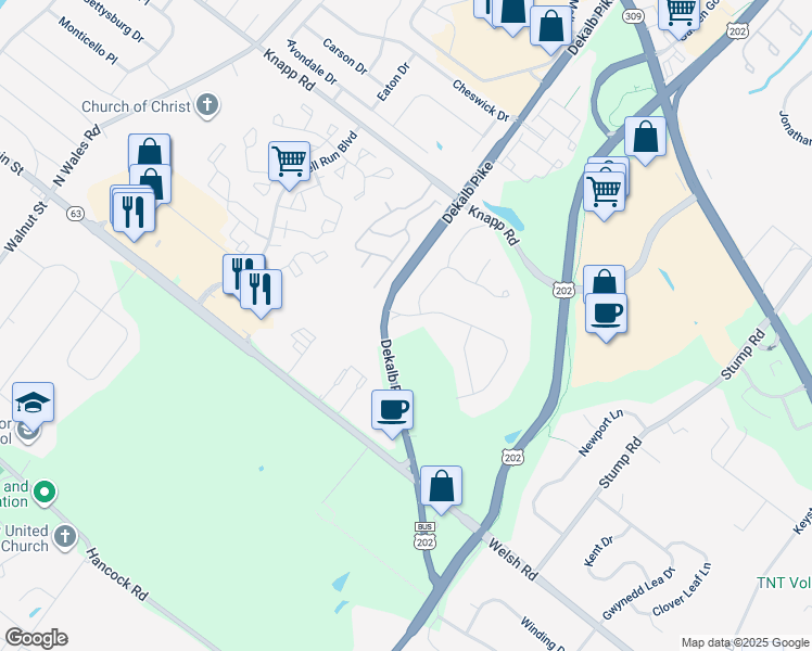 map of restaurants, bars, coffee shops, grocery stores, and more near 102 Gwynmont Drive in North Wales