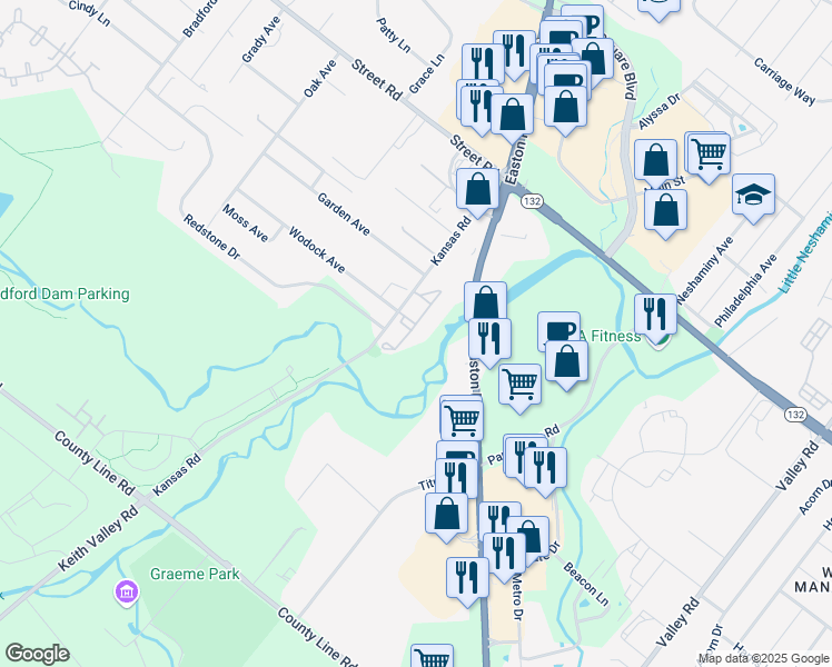 map of restaurants, bars, coffee shops, grocery stores, and more near 2001 Creekside Court in Warrington