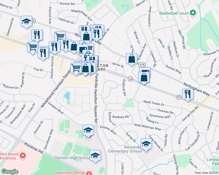 map of restaurants, bars, coffee shops, grocery stores, and more near 29 Cumberland Road in Hamilton Township
