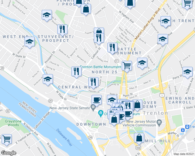 map of restaurants, bars, coffee shops, grocery stores, and more near 32 Bellevue Avenue in Trenton