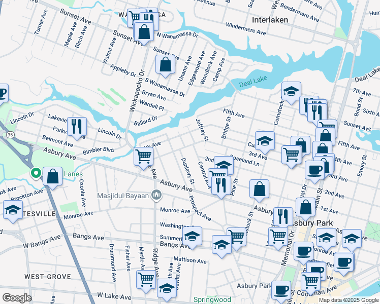 map of restaurants, bars, coffee shops, grocery stores, and more near 849 Central Avenue in Asbury Park