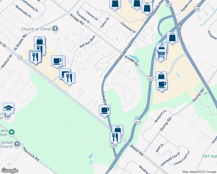 map of restaurants, bars, coffee shops, grocery stores, and more near 102 Gwynmont Drive in North Wales