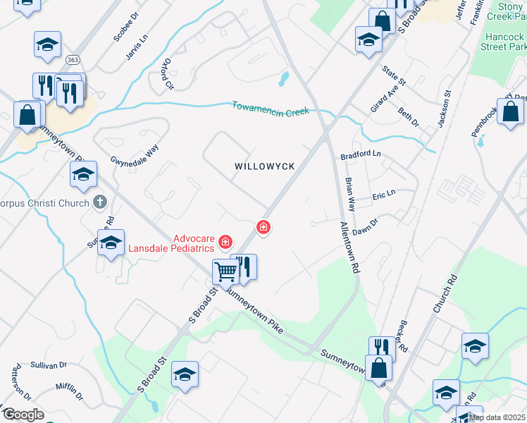 map of restaurants, bars, coffee shops, grocery stores, and more near 805 Fulton Avenue in Lansdale