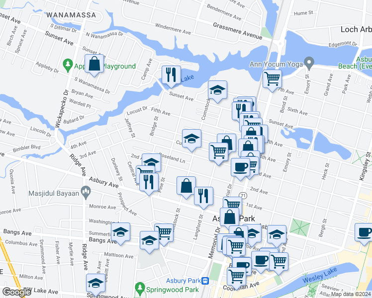 map of restaurants, bars, coffee shops, grocery stores, and more near 1107 3rd Avenue in Asbury Park