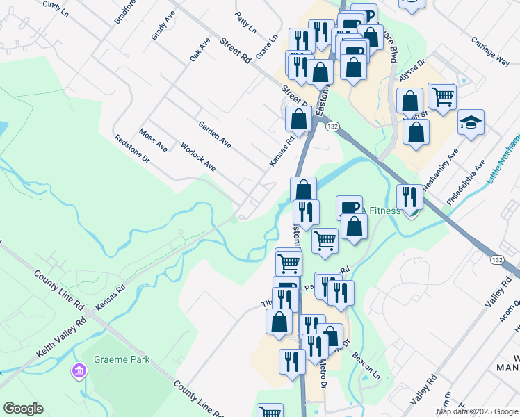 map of restaurants, bars, coffee shops, grocery stores, and more near 2003 Creekside Court in Warrington