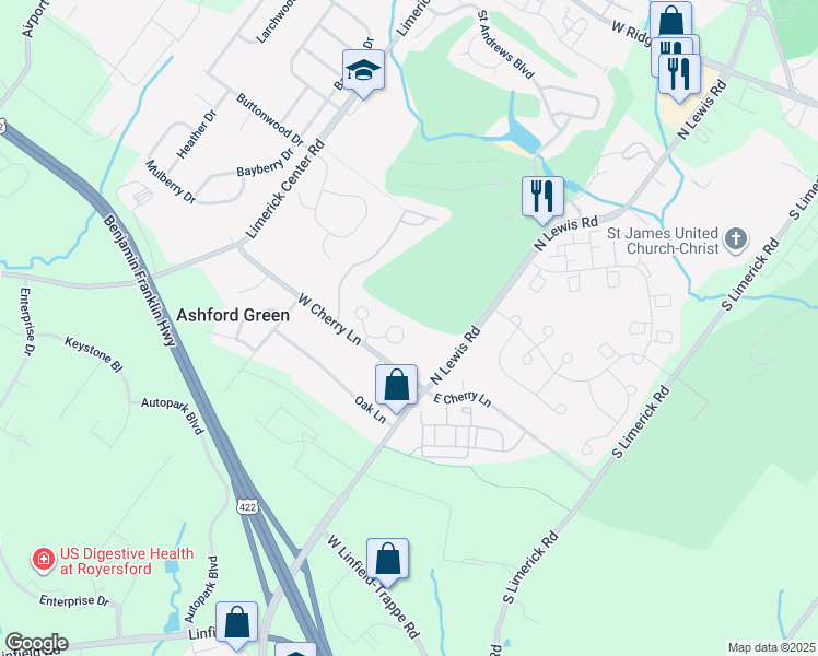 map of restaurants, bars, coffee shops, grocery stores, and more near 125 Winged Foot Court in Royersford