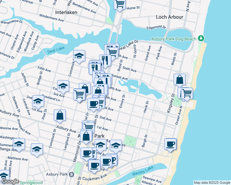 map of restaurants, bars, coffee shops, grocery stores, and more near 700 5th Avenue in Asbury Park