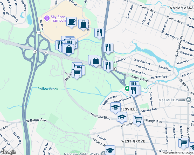 map of restaurants, bars, coffee shops, grocery stores, and more near 101 Cardinal Road in Neptune City
