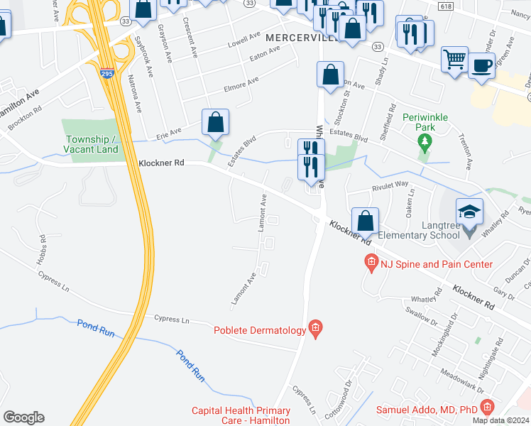 map of restaurants, bars, coffee shops, grocery stores, and more near 3 Lamont Avenue in Hamilton Township