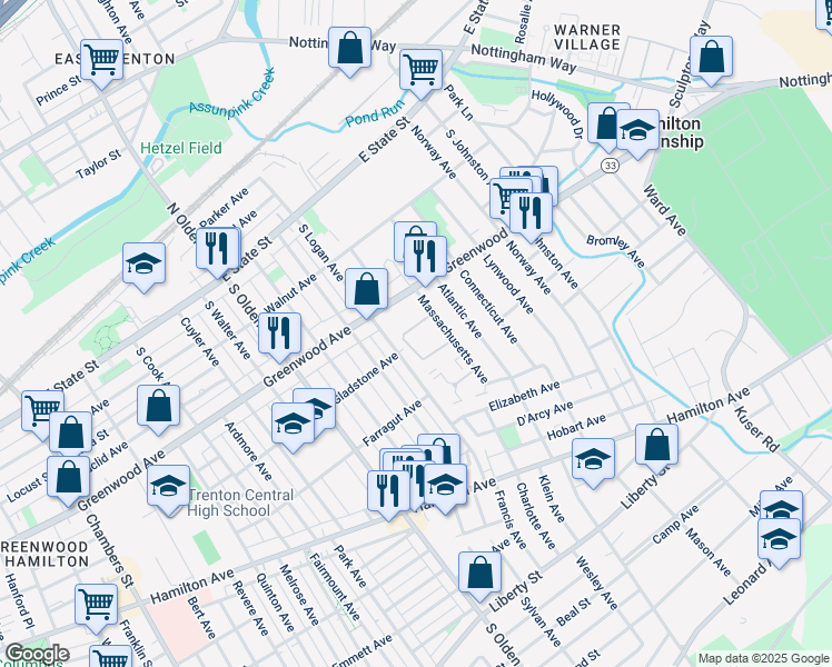 map of restaurants, bars, coffee shops, grocery stores, and more near 1601 Greenwood Avenue in Hamilton Township