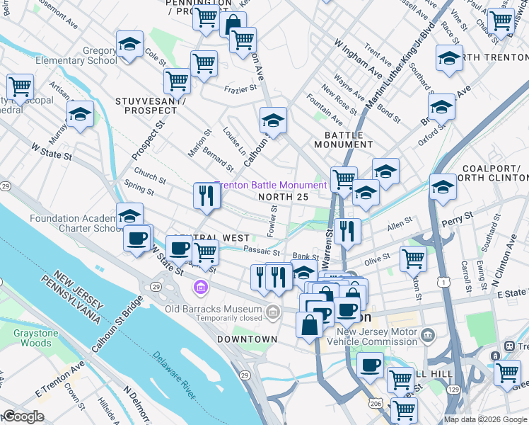 map of restaurants, bars, coffee shops, grocery stores, and more near 32 Bellevue Avenue in Trenton