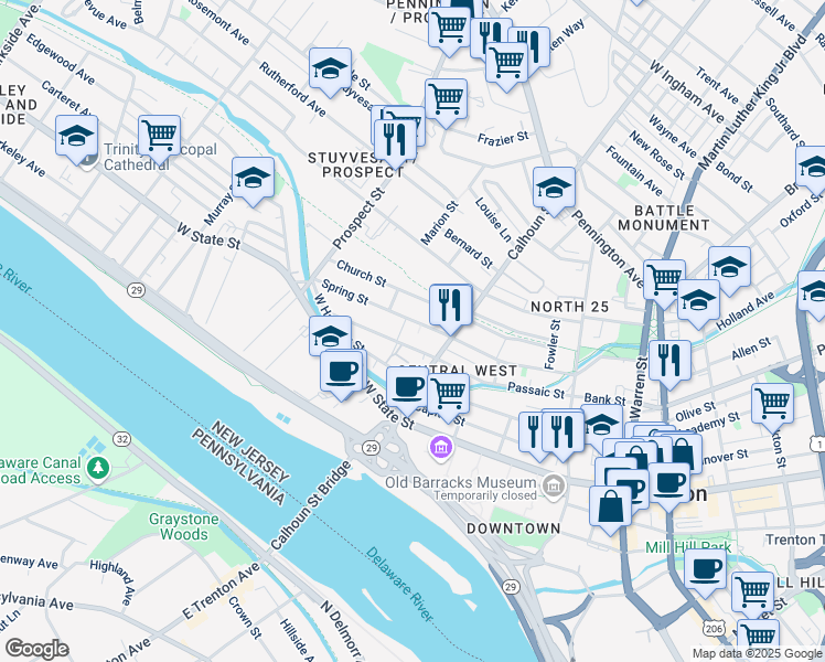 map of restaurants, bars, coffee shops, grocery stores, and more near 239 Church Street in Trenton