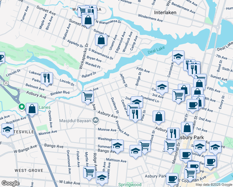 map of restaurants, bars, coffee shops, grocery stores, and more near 849 Central Avenue in Asbury Park