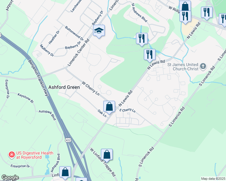 map of restaurants, bars, coffee shops, grocery stores, and more near 125 Winged Foot Court in Royersford