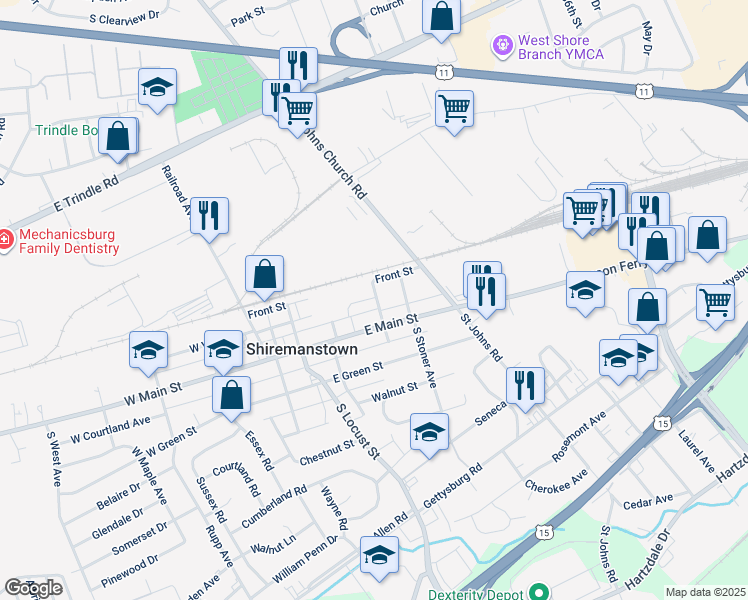 map of restaurants, bars, coffee shops, grocery stores, and more near 12 North High Street in Shiremanstown