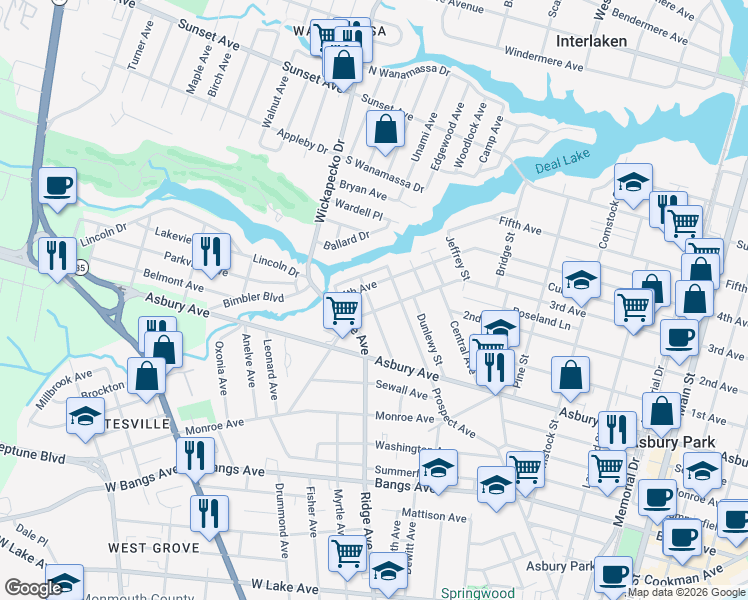 map of restaurants, bars, coffee shops, grocery stores, and more near 1621 4th Avenue in Asbury Park