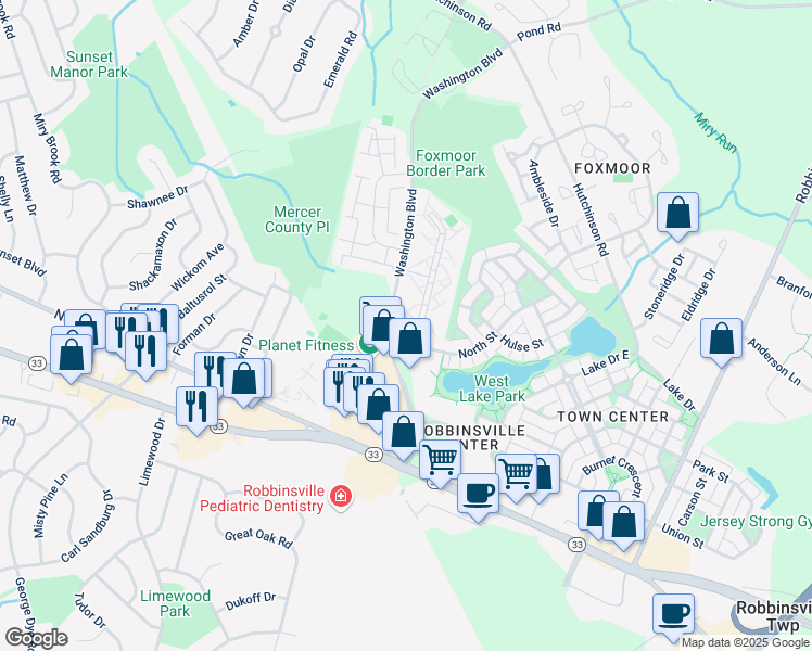 map of restaurants, bars, coffee shops, grocery stores, and more near 40 Wyndham Place in Robbinsville