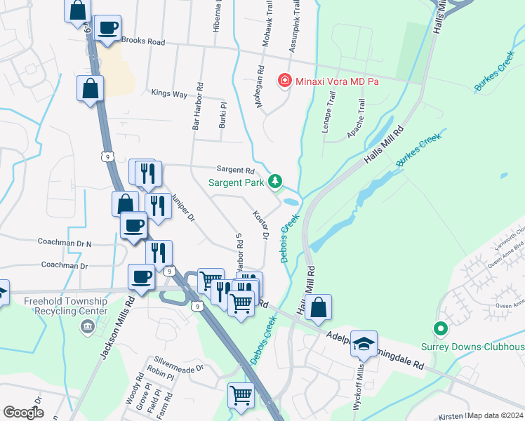 map of restaurants, bars, coffee shops, grocery stores, and more near 9 Sargent Road in Freehold