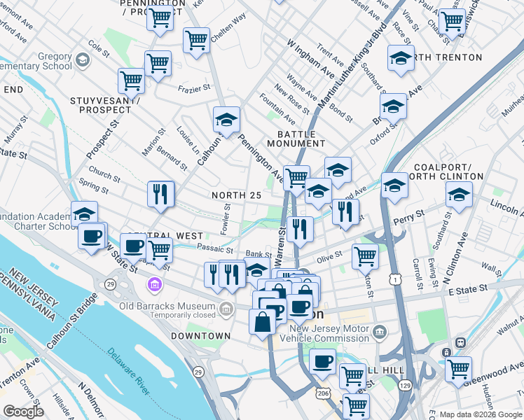 map of restaurants, bars, coffee shops, grocery stores, and more near 40 Tucker Street in Trenton