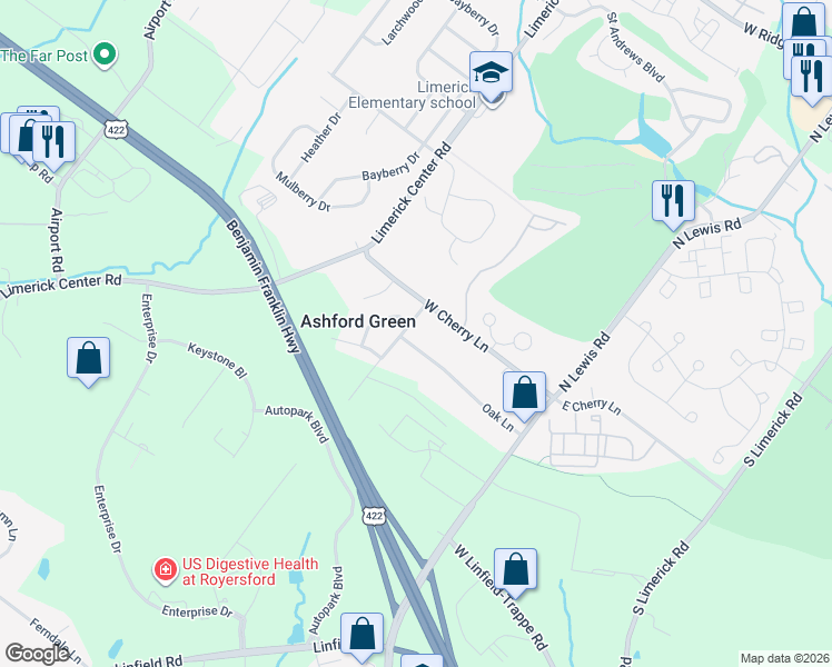 map of restaurants, bars, coffee shops, grocery stores, and more near 102 Parnell Lane in Royersford