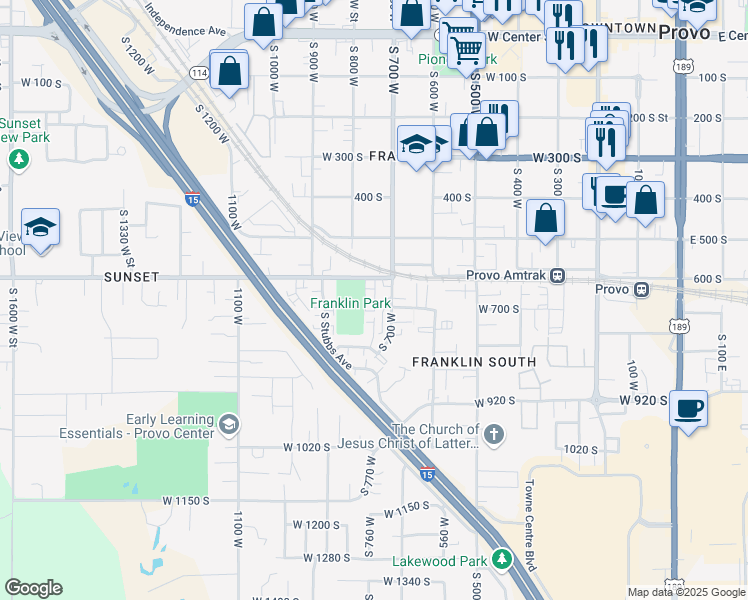 map of restaurants, bars, coffee shops, grocery stores, and more near 761 600 South in Provo