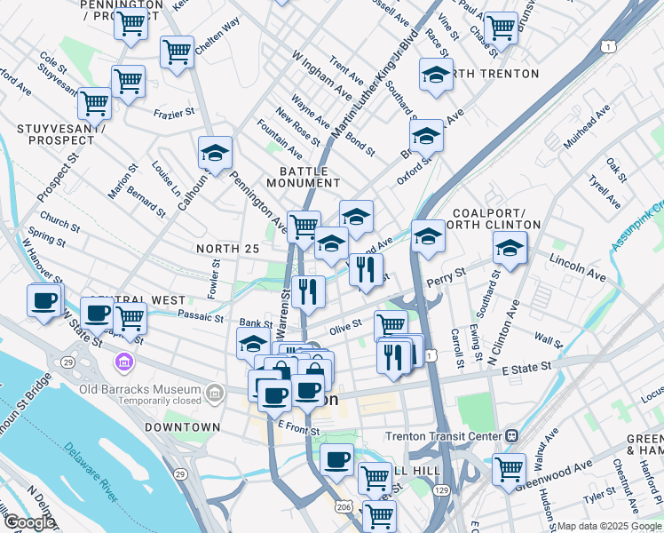 map of restaurants, bars, coffee shops, grocery stores, and more near 219 North Montgomery Street in Trenton