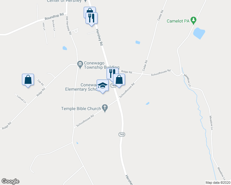 map of restaurants, bars, coffee shops, grocery stores, and more near 2821 Hershey Road in Elizabethtown