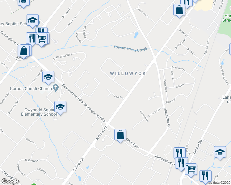 map of restaurants, bars, coffee shops, grocery stores, and more near 811 Jays Drive in Lansdale