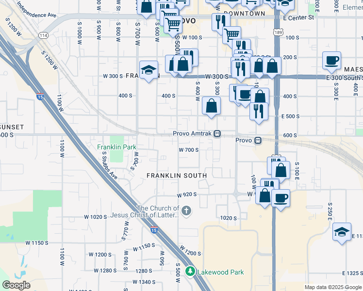 map of restaurants, bars, coffee shops, grocery stores, and more near 653 South 500 West in Provo