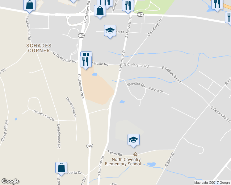 map of restaurants, bars, coffee shops, grocery stores, and more near 1148 South Hanover Street in Pottstown
