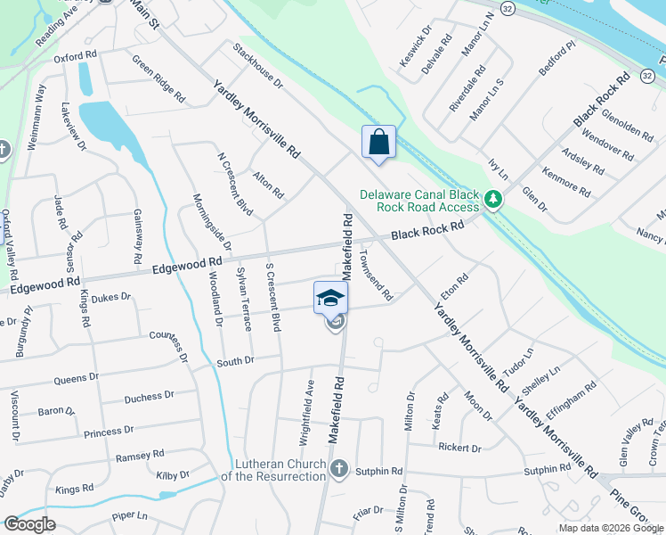 map of restaurants, bars, coffee shops, grocery stores, and more near 2007 Makefield Road in Yardley