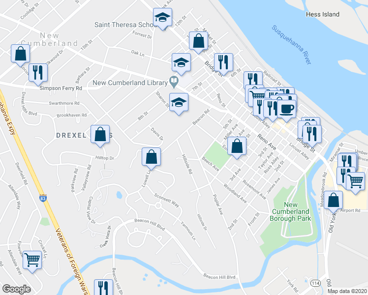map of restaurants, bars, coffee shops, grocery stores, and more near 505 Hillside Road in New Cumberland