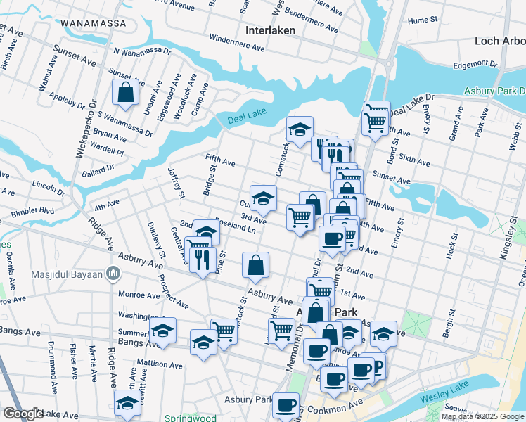 map of restaurants, bars, coffee shops, grocery stores, and more near 1106 4th Avenue in Asbury Park