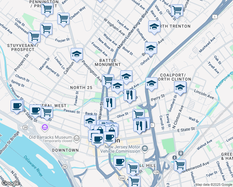 map of restaurants, bars, coffee shops, grocery stores, and more near 219 North Montgomery Street in Trenton