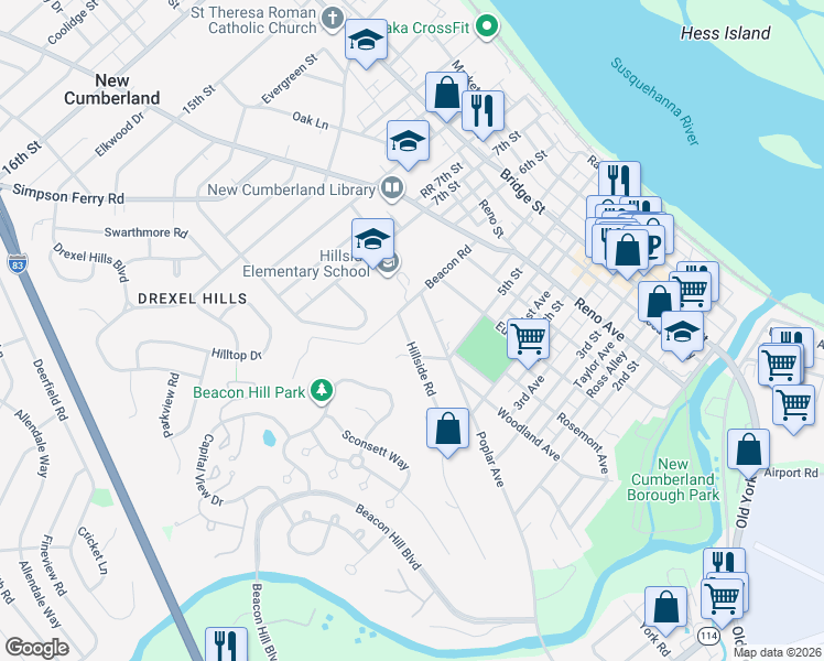 map of restaurants, bars, coffee shops, grocery stores, and more near 505 Hillside Road in New Cumberland