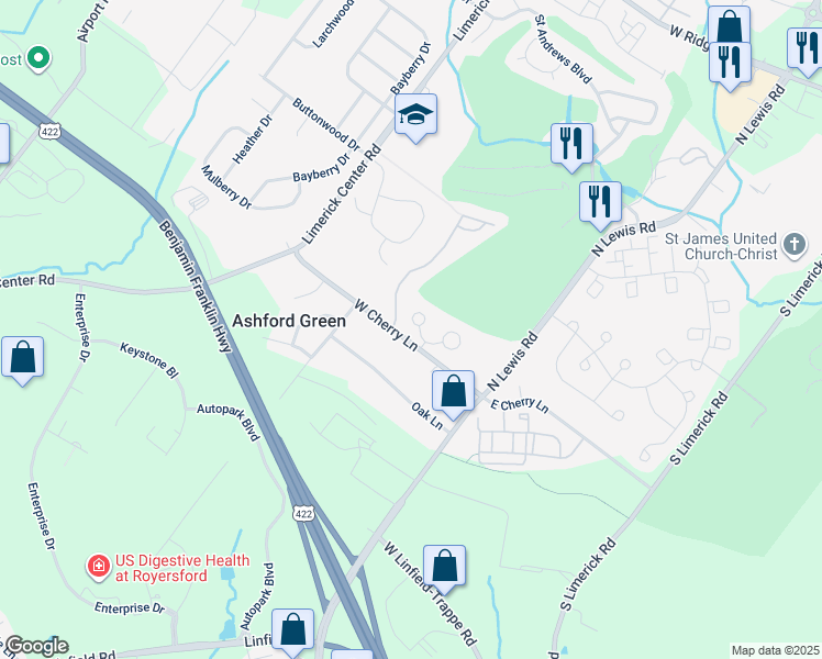 map of restaurants, bars, coffee shops, grocery stores, and more near 232 Troon Court in Royersford