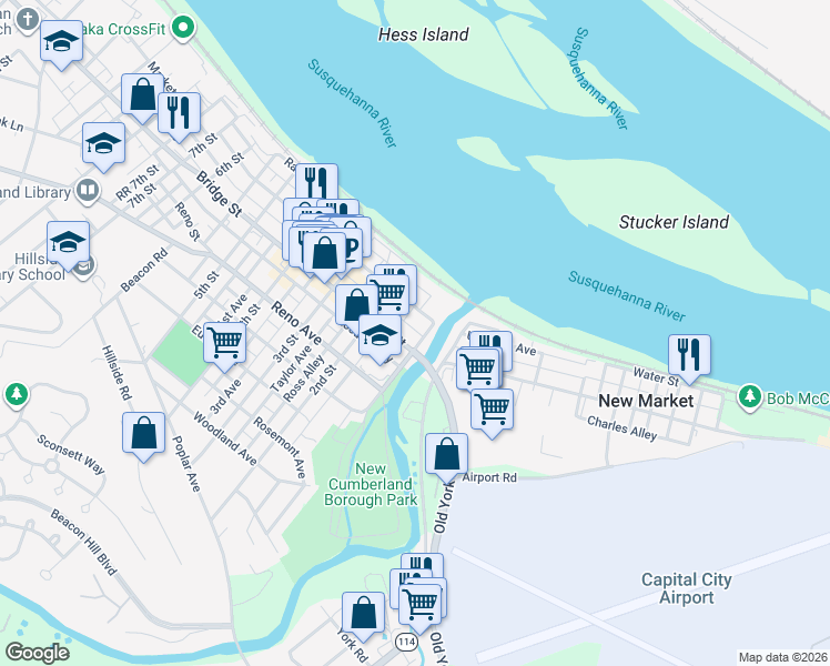 map of restaurants, bars, coffee shops, grocery stores, and more near 119 Bridge Street in New Cumberland