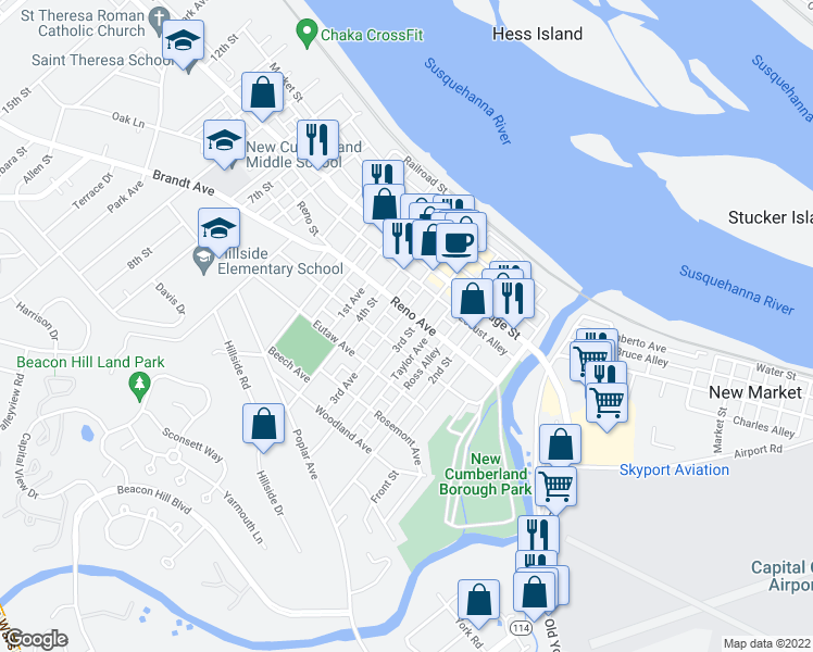 map of restaurants, bars, coffee shops, grocery stores, and more near 409 3rd Street in New Cumberland