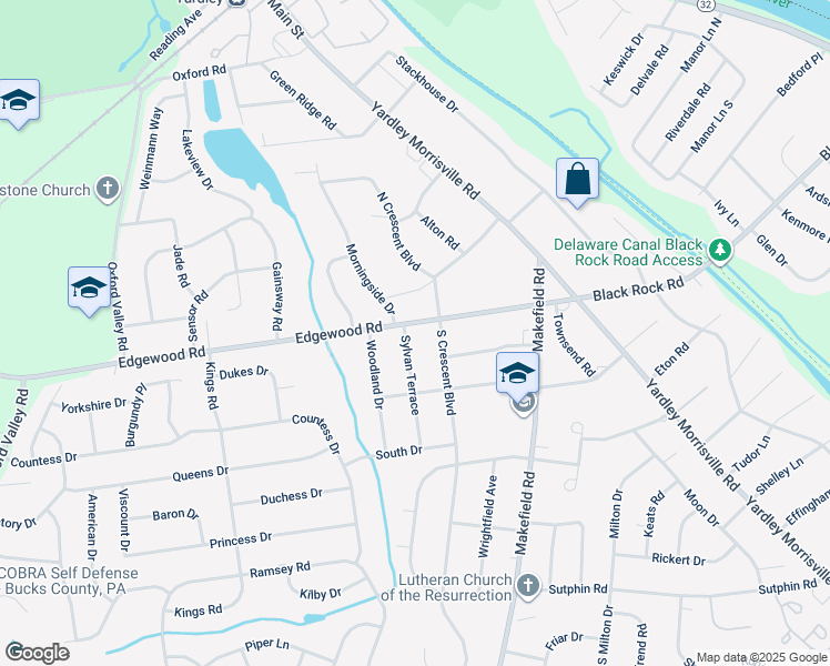 map of restaurants, bars, coffee shops, grocery stores, and more near 25 Edgewood Road in Yardley